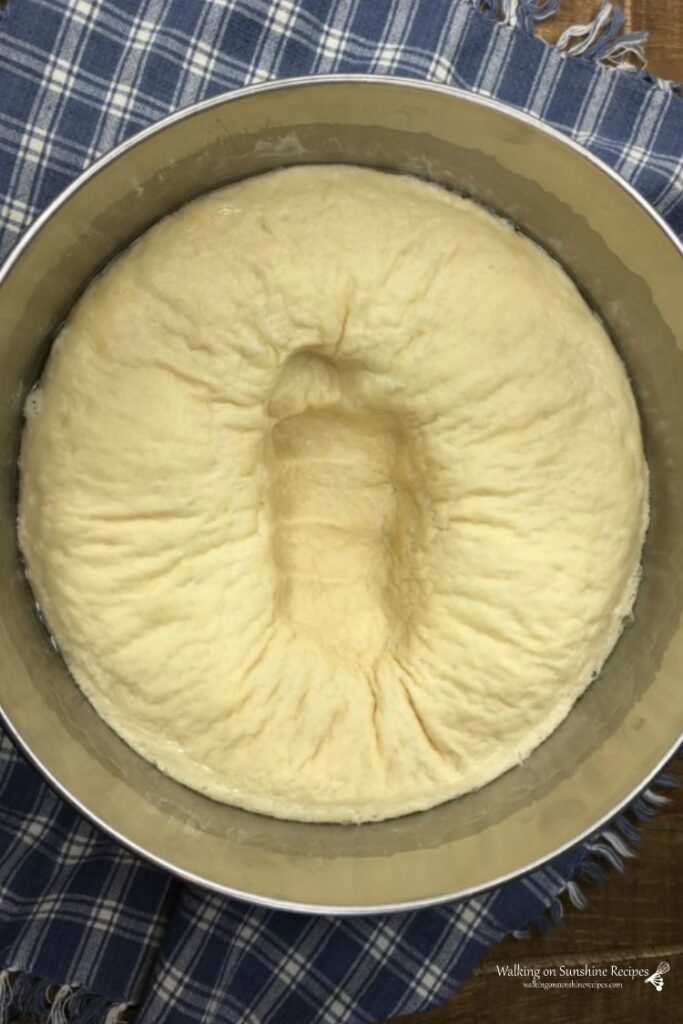 Punch the dough down in the bowl before turning out onto a floured surface to form into pizza shape.