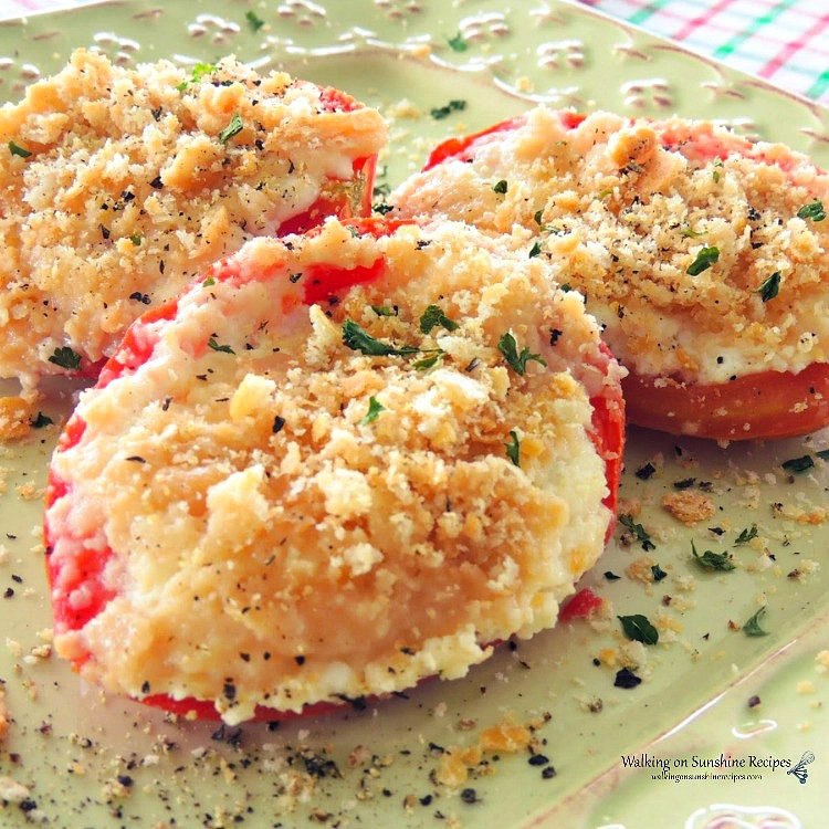 Italian Roma tomatoes stuffed with cheese and topped with buttery Ritz crackers. 