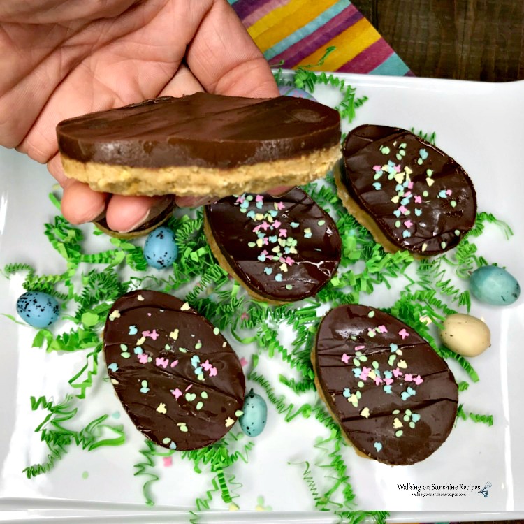closeup of Chocolate Peanut Butter Eggs being held
