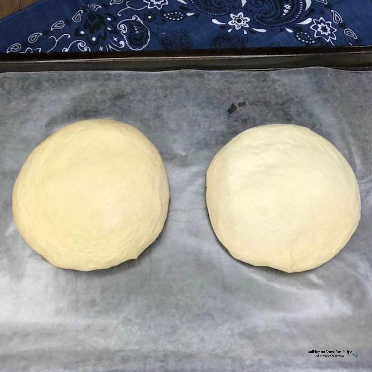 Two loaves of homemade pizza dough on baking tray with parchment paper ready for freezer. 