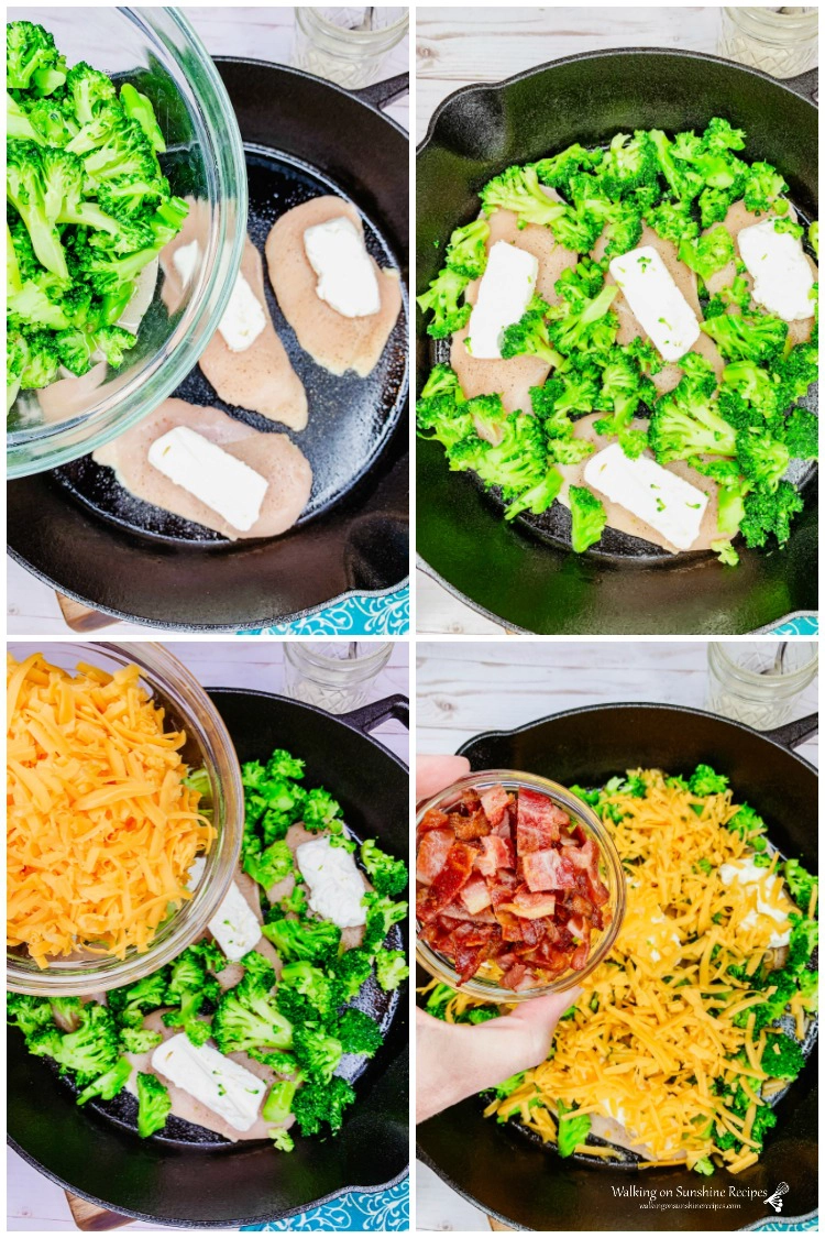 Add broccoli, cheese and bacon to the top of chicken