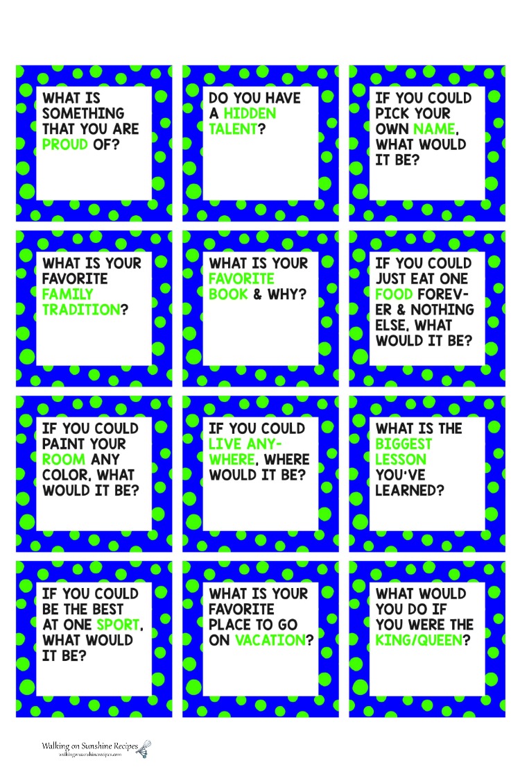 Family Conversation Starters - Printable Cards - Walking on Sunshine