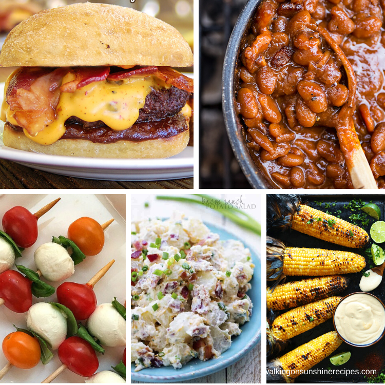 Hamburger, baked beans, corn on the cob, potato salad and caprese skewers.