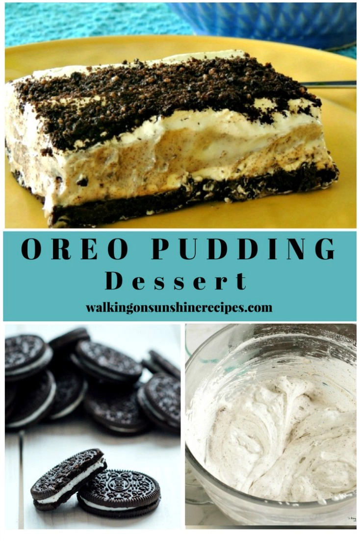 Oreo Pudding Dessert with chocolate sandwich cookies and pudding mixture n glass bowl. 