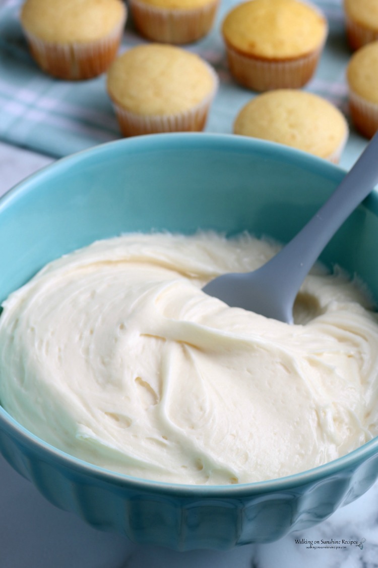Homemade Cream Cheese Frosting in aqua bowl