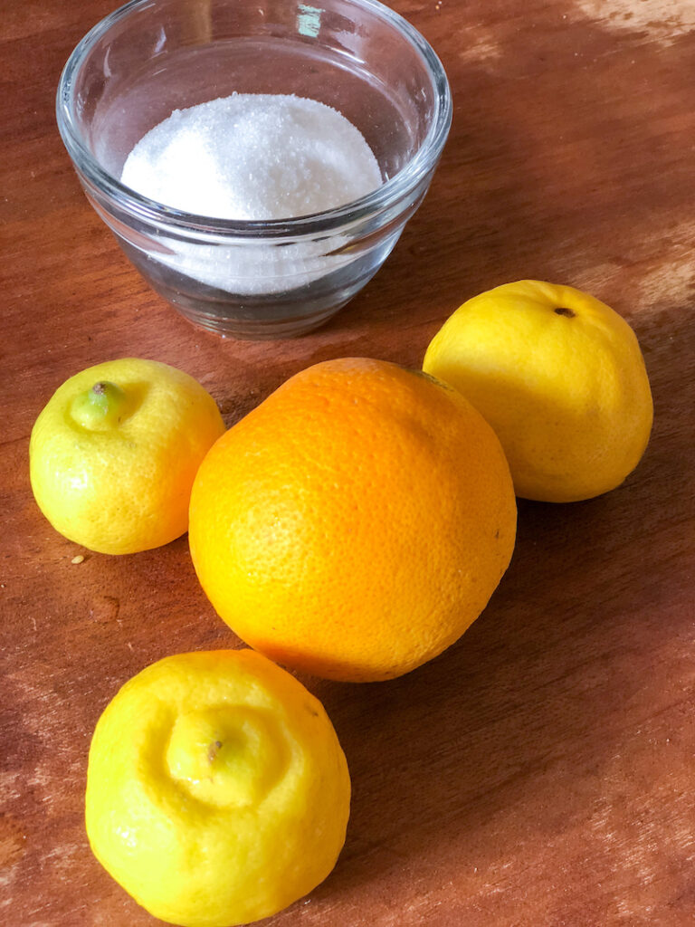 Oranges,lemons and sugar ready to be made into Mint Orange Lemonade.