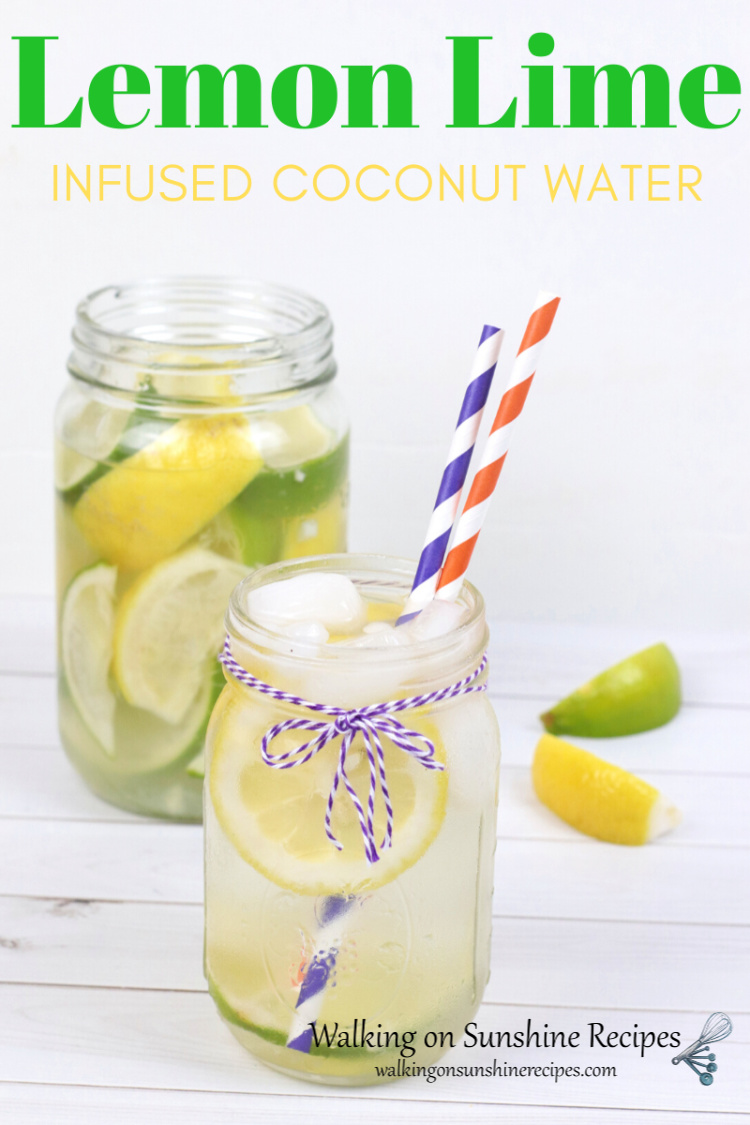 Two mason jars with lemon water beverage and colorful straws.
