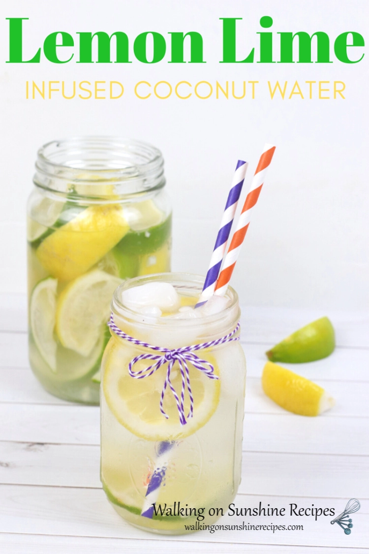 Two mason jars with lemon water beverage and colorful straws. 
