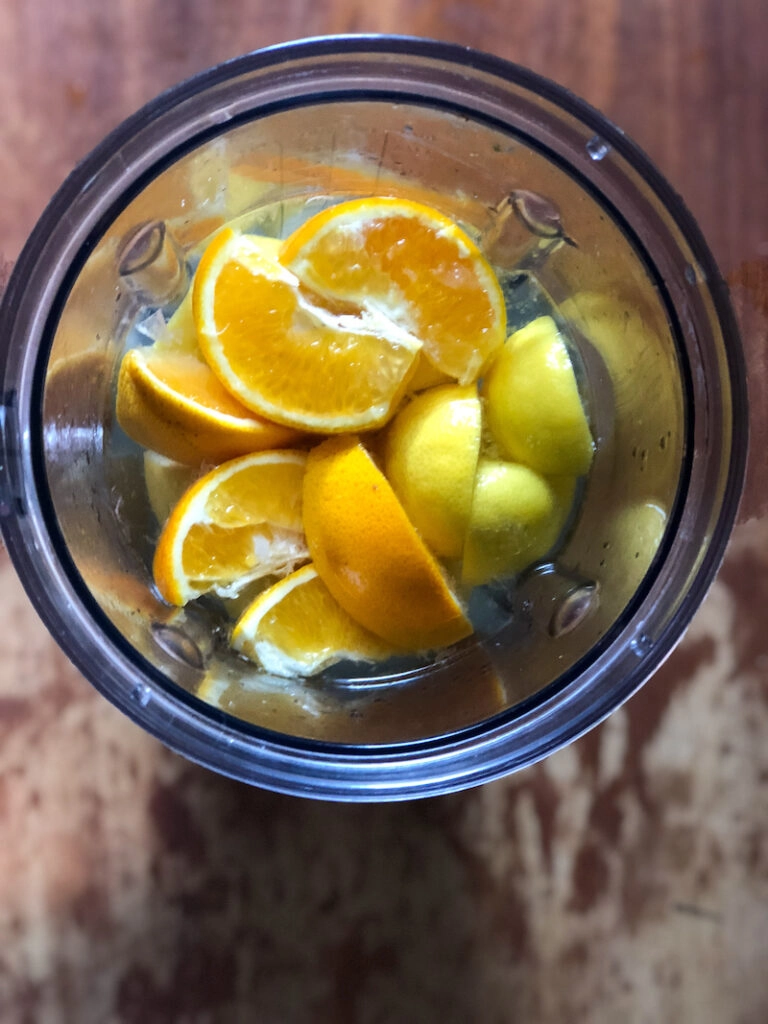 Oranges and lemons in blender with water. 