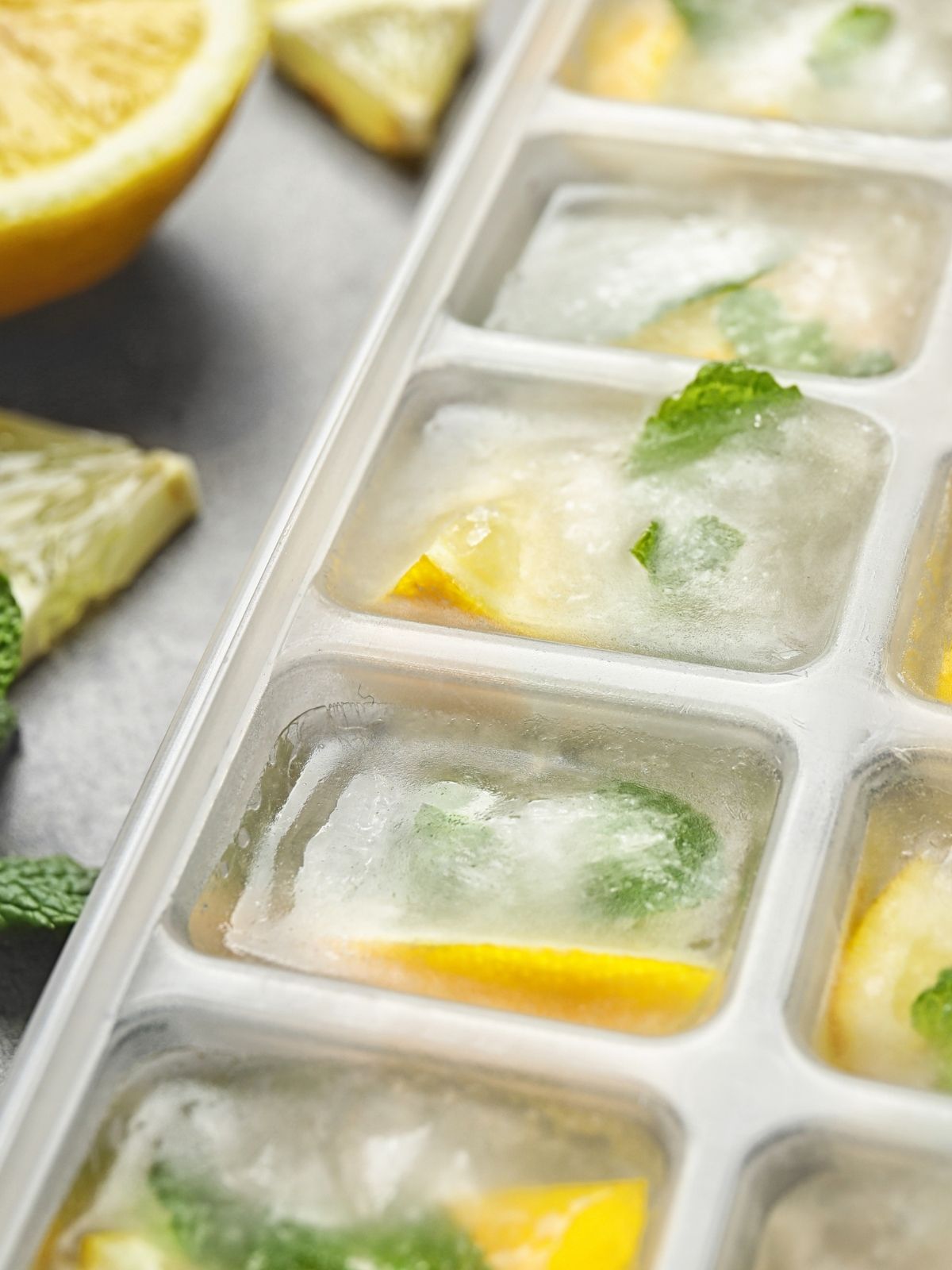 lemon and lime slices in ice cube tray.