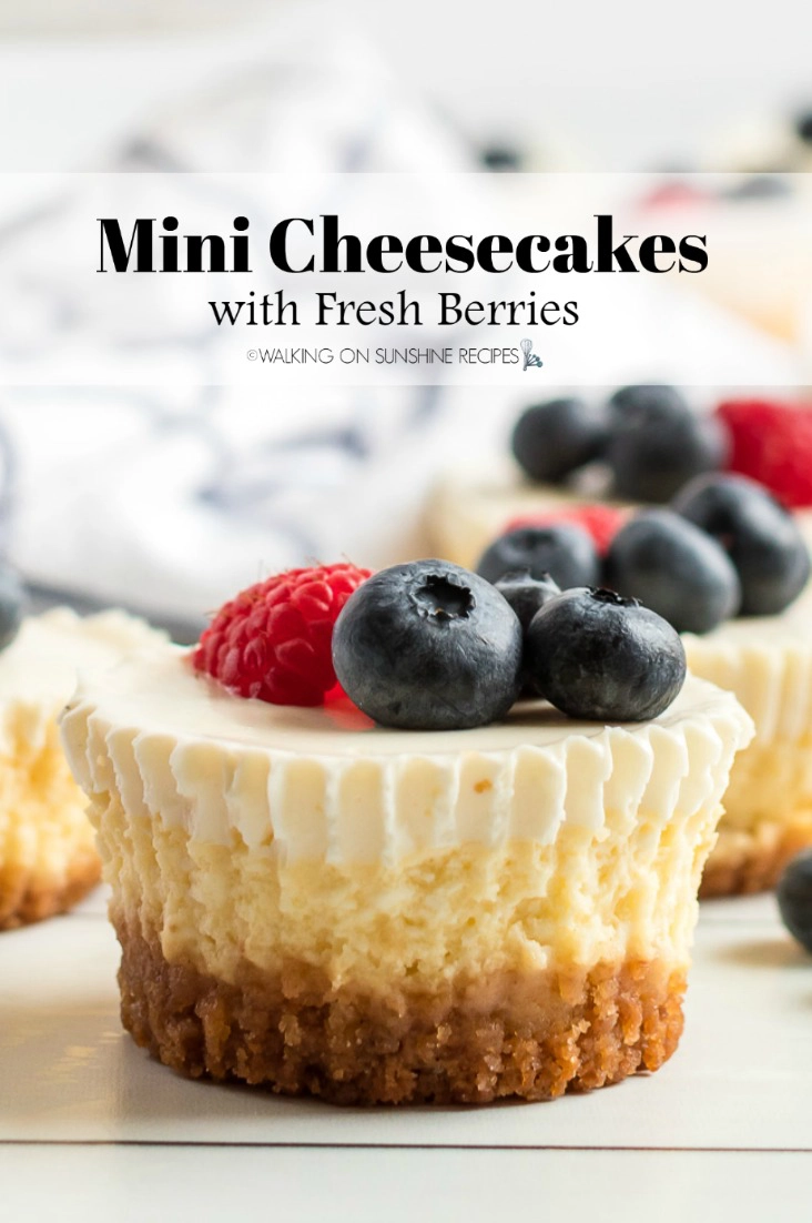Closeup of mini cheesecakes with blueberries and raspberries. Made with a graham cracker crust. 