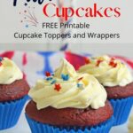 Patriotic cupcakes with blue wrappers.