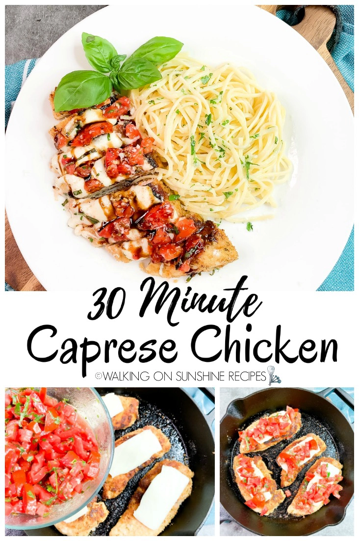 30 Minute Caprese Chicken on white plate and being cooked in cast iron pan