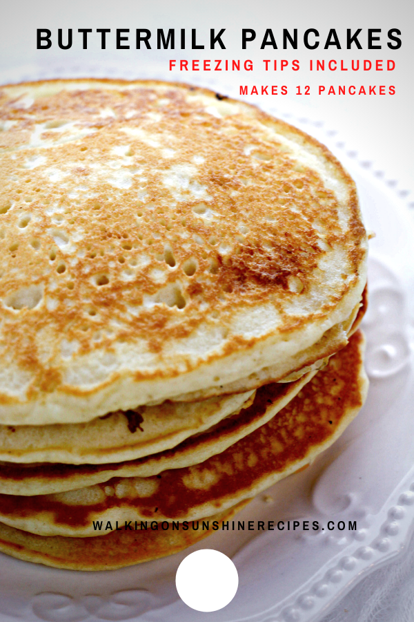Stack of buttermilk pancakes on white plate. 
