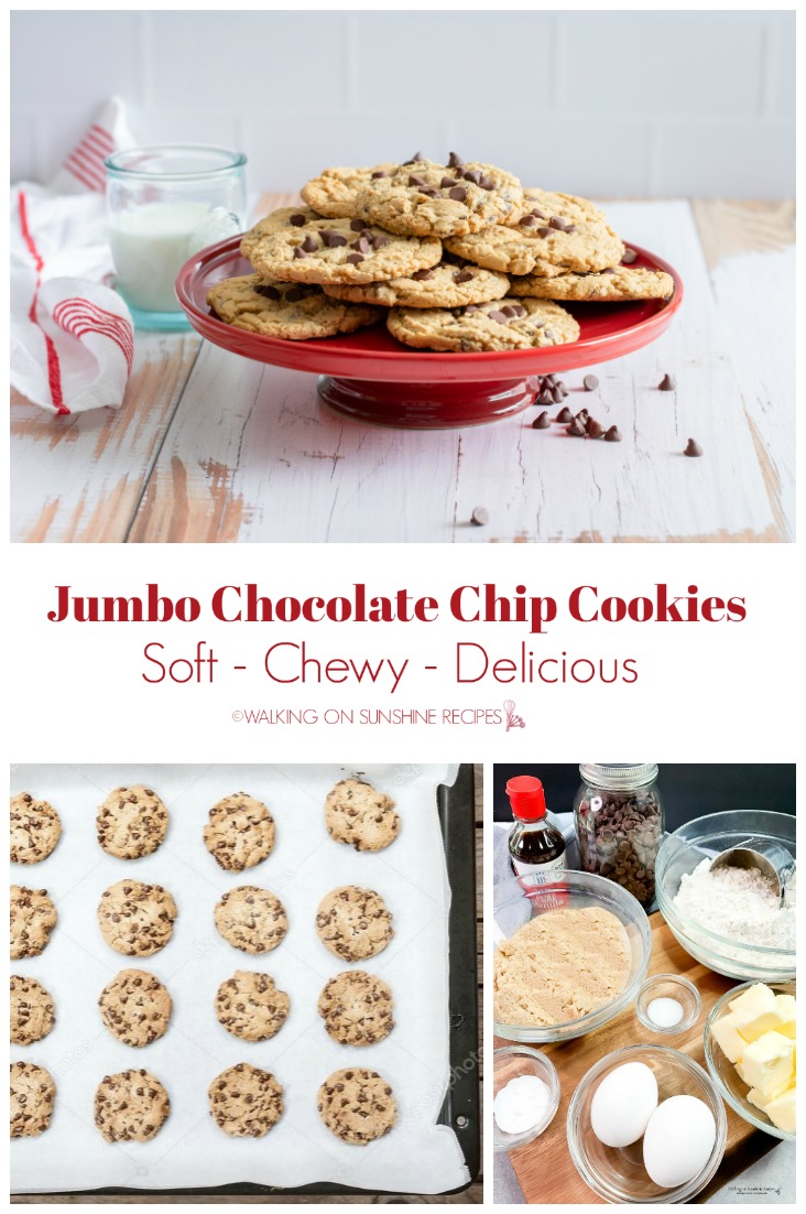 Chocolate Chip Cookies on red plate, baking tray and ingredients. 