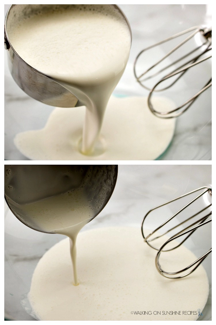 Pouring heavy cream into mixing bowl for Homemade Vanilla Ice Cream