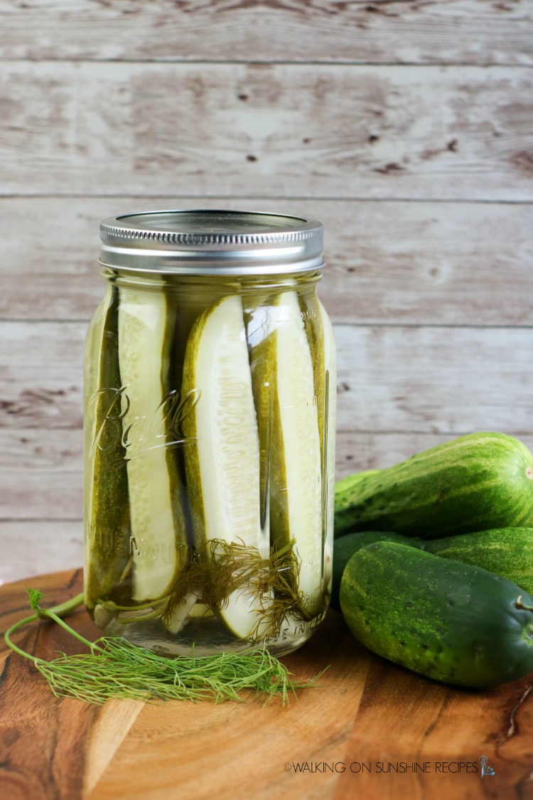 Refrigerator Pickles in mason jar with fresh dill