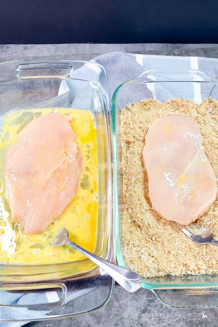 Dip the chicken in eggs and then in breadcrumbs. 