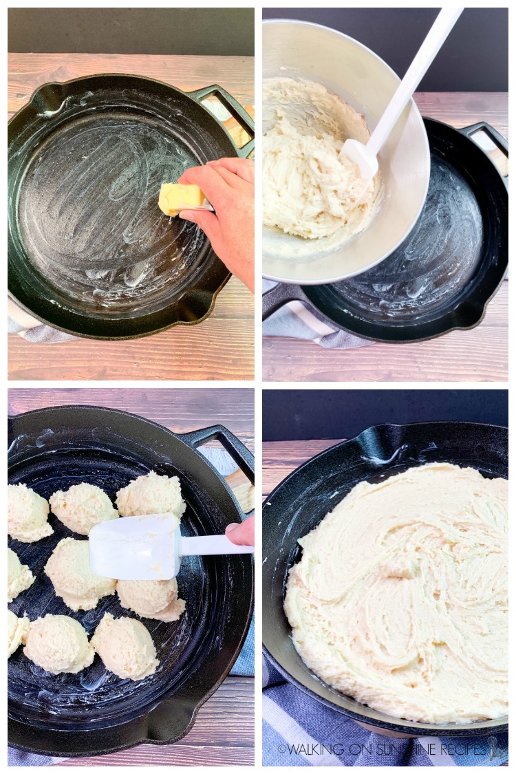 Add cake batter to cast iron skillet pan coated with butter