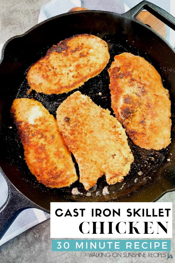 4 cooked boneless skinless chicken breasts in cast iron skillet pan. 