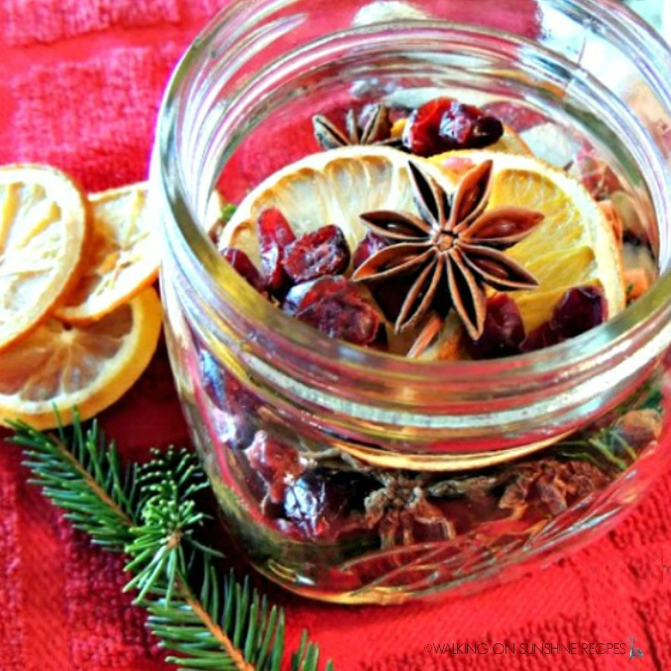 dried fruit, lemons, oranges, star anise in mason jar with pine twigs for Christmas potpourri