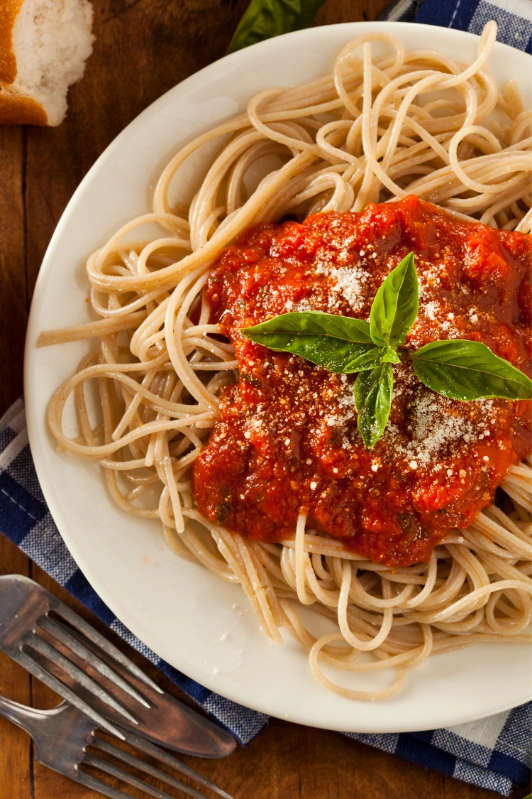 spaghetti with homemade marinara sauce. 