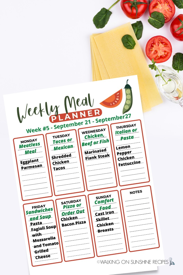 weekly meal planner with 7 recipes to use for dinner this week. 