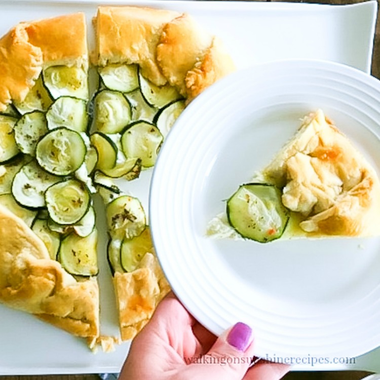 Zucchini Galette sliced on plate and on platter. 