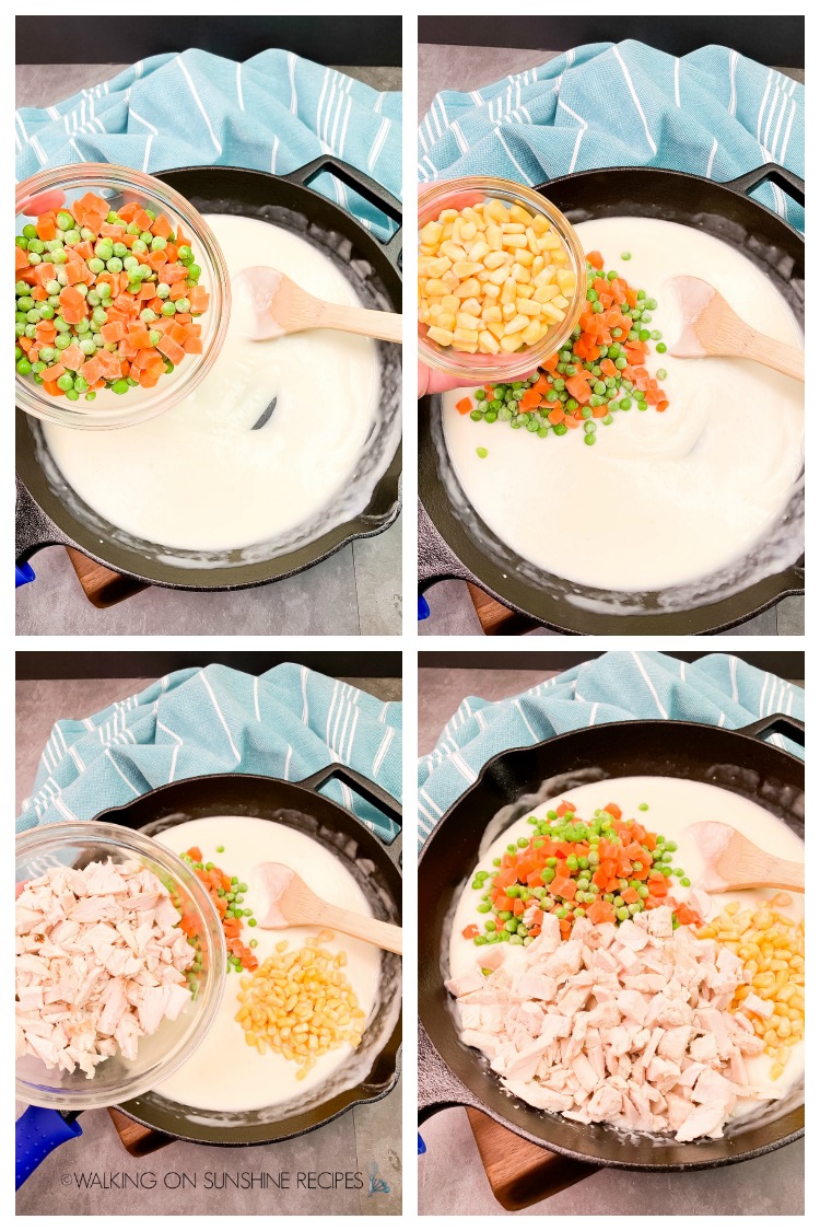 Adding peas, carrots, corn and cooked chicken to cast iron skillet pan