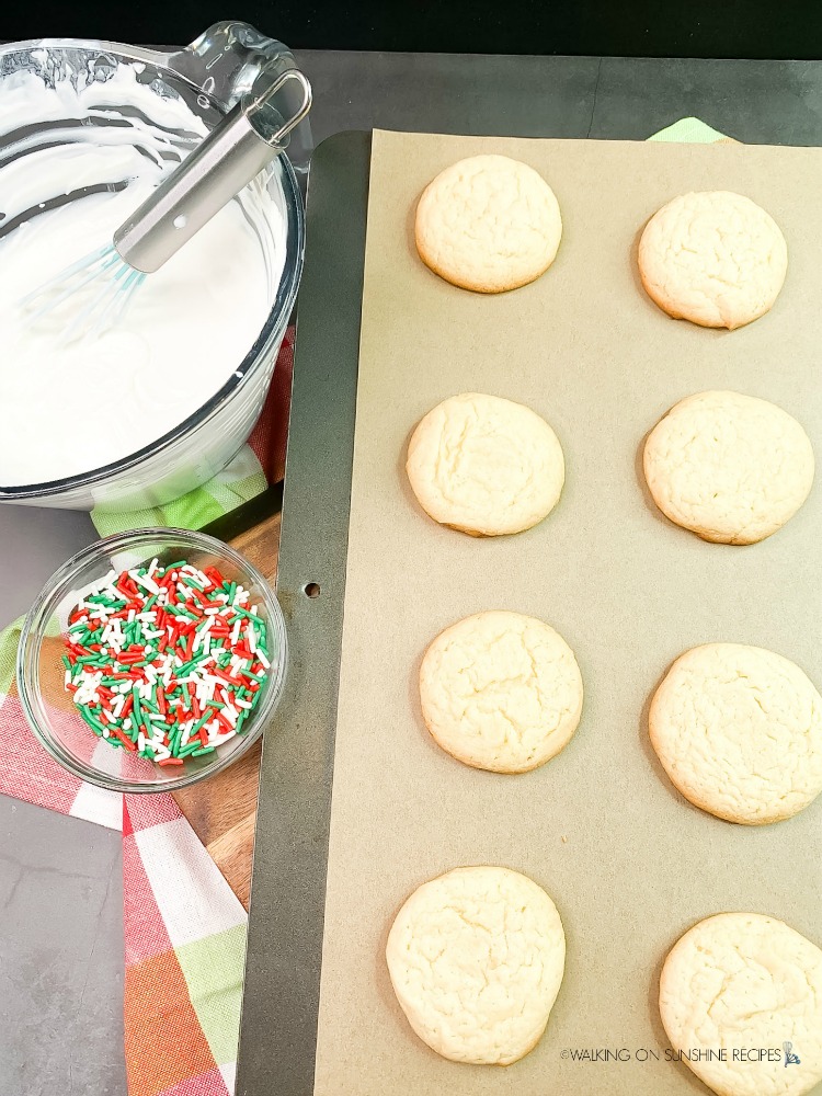 Cooked white cake mix cookies on baking tray