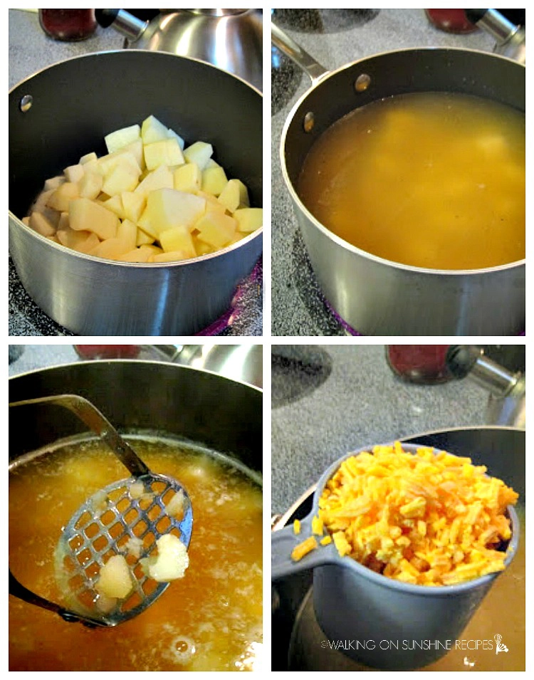 Cooking potatoes for homemade potato soup made with heavy cream or half and half and cheddar cheese. 