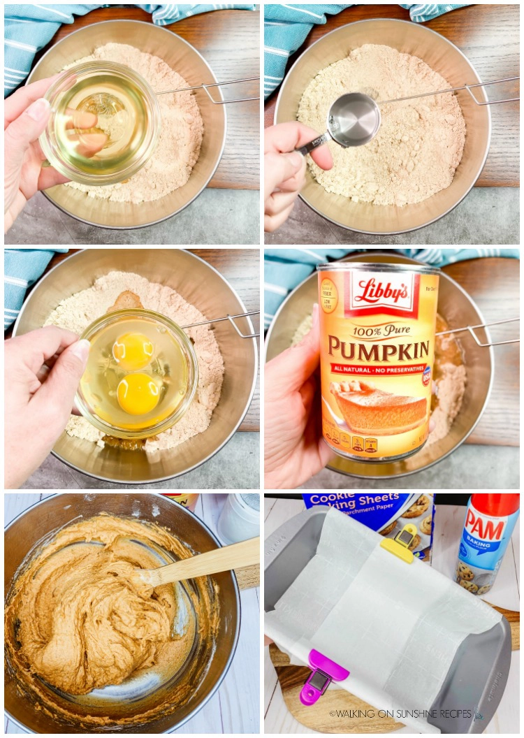 Step by step photos for making homemade pumpkin bread in mixing bowl.
