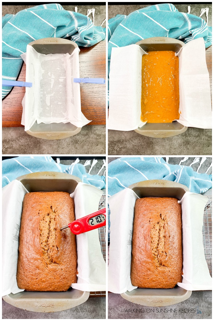 Pumpkin Bread in loaf pan before and after baking