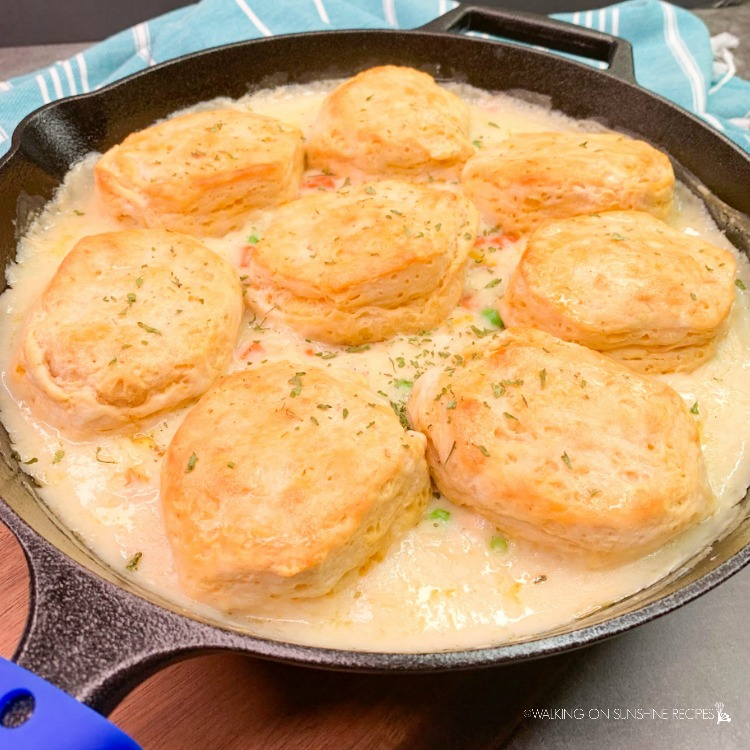 Skillet Chicken Pot Pie with Pillsbury Refrigerator Biscuits baked