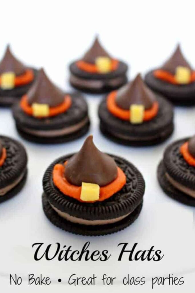Witches Hats made with Oreo Cookies and Candy Kisses.