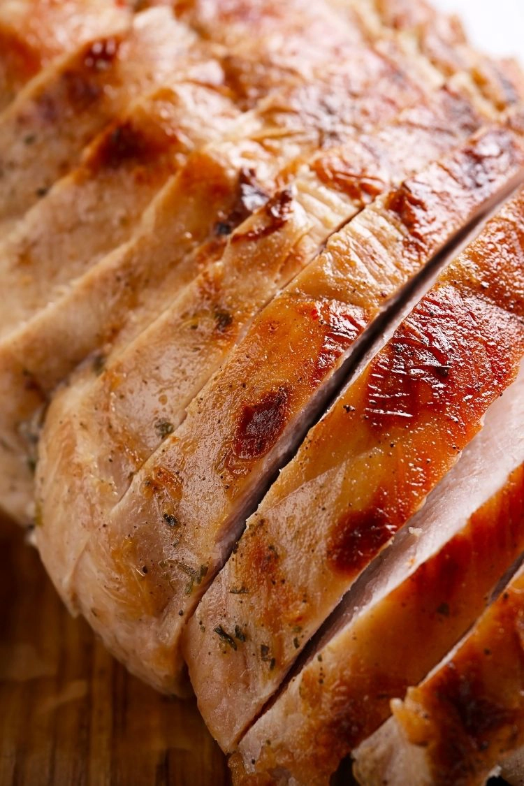 Closeup of sliced turkey breast. 