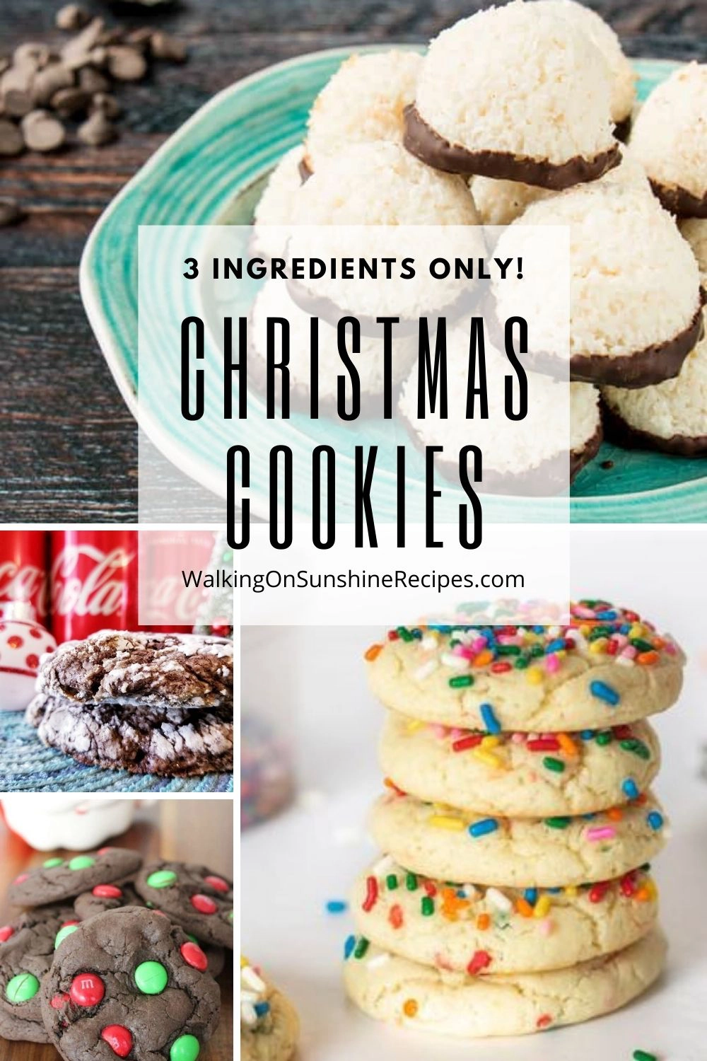 Sprinkle cookies, chocolate cookies and coconut cookies all made with only 3 ingredients. 
