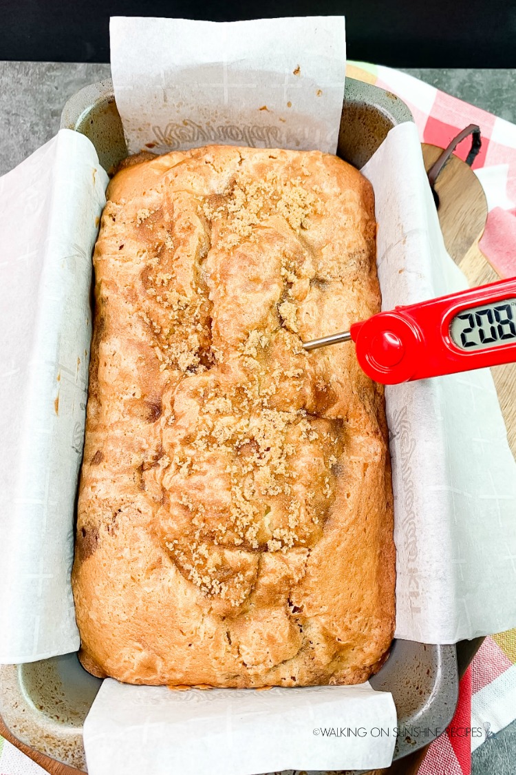 Cinnamon Roll Bread baked to 208 degrees