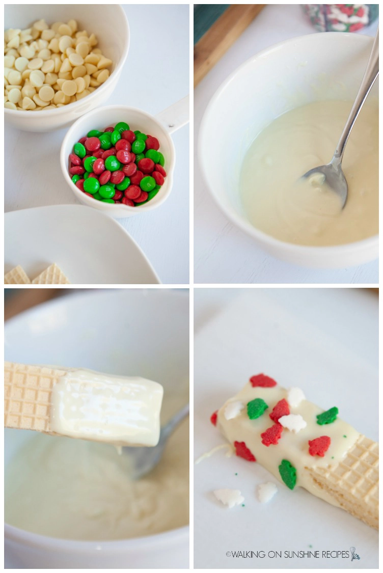 melted white chocolate chips, sugar wafer cookies, assorted Christmas sprinkles for no bake cookies. 