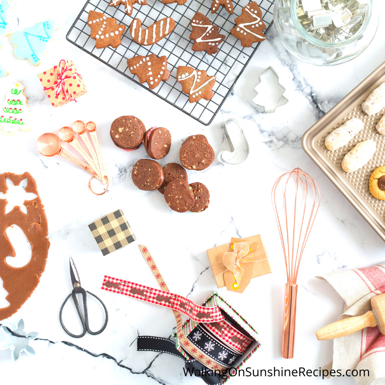 baking cookies on trays, wire racks, whisk and measuring spoons.