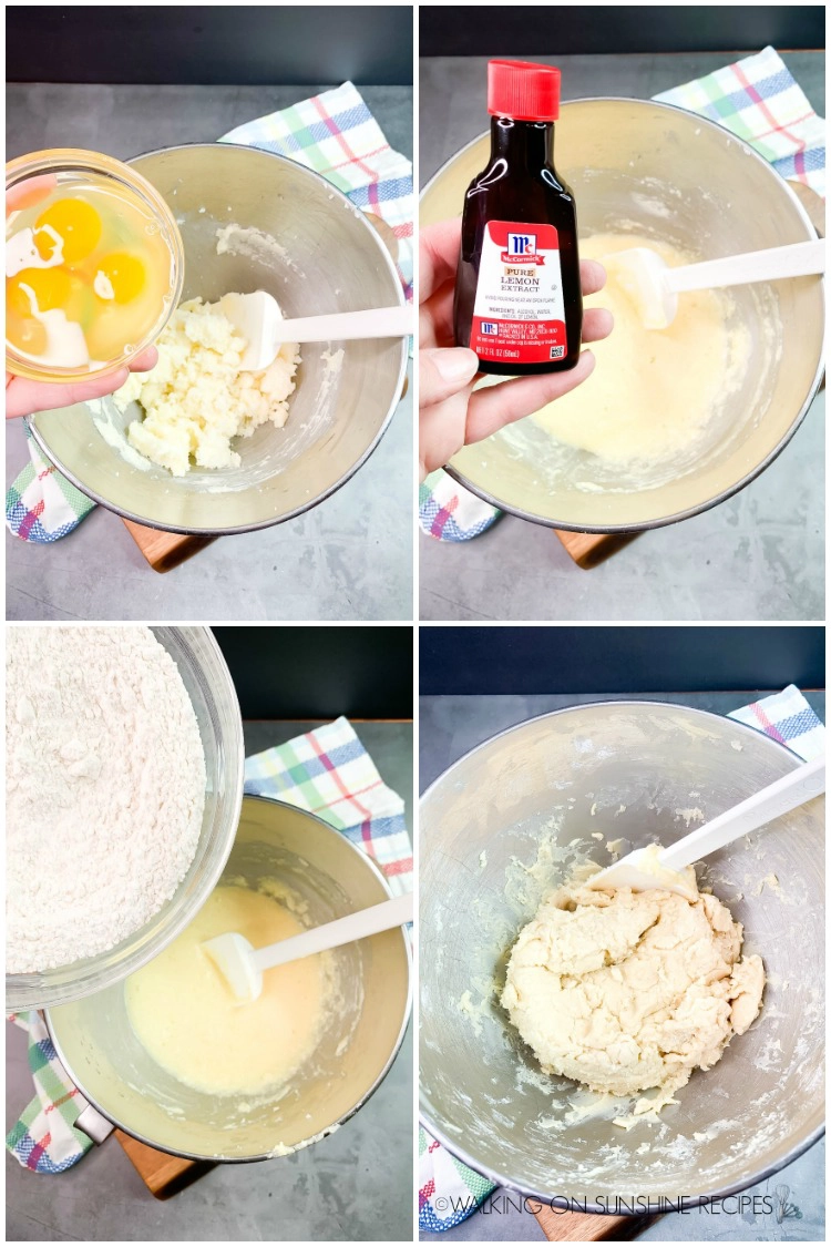 Mixing the batter for the cookies by adding eggs, lemon extract and flour. 
