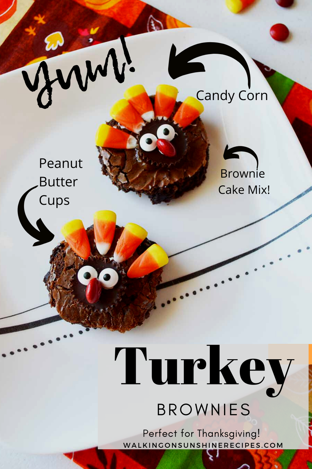 Turkey Brownies made with candy corn, peanut butter cups and googly eyes. 