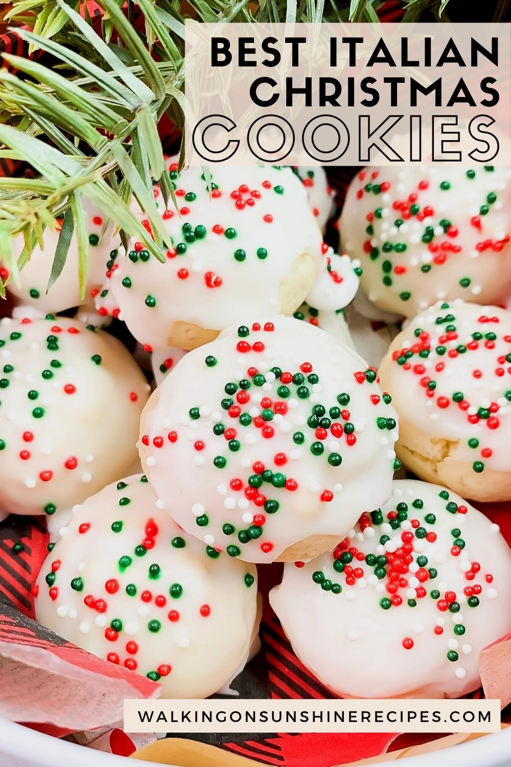 Glazed lemon cookies with red, green and white sprinkles. 
