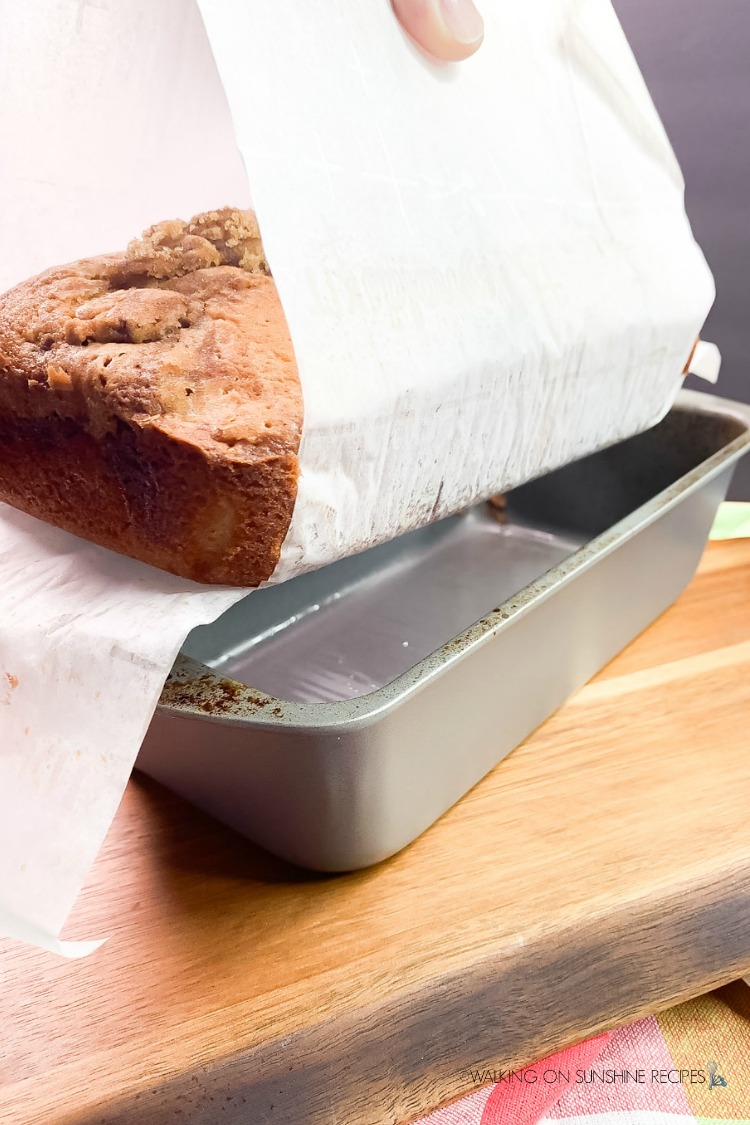 Remove bread from loaf pan by gently lifting up the parchment paper