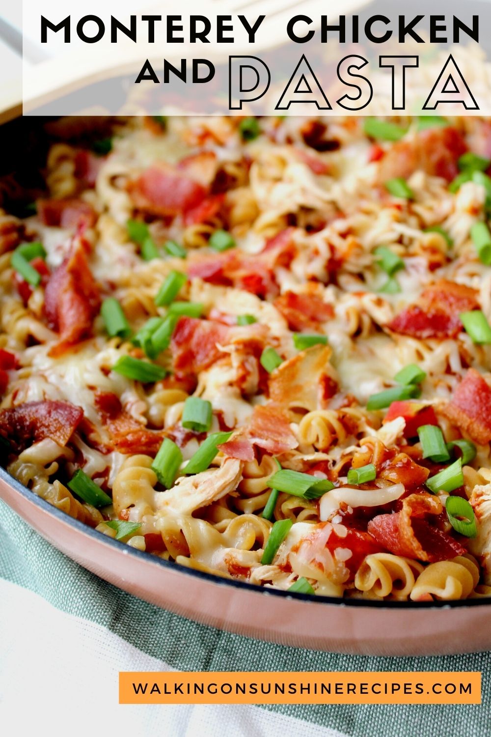 One skillet recipe made with chicken, bacon, pasta and barbecue sauce. 