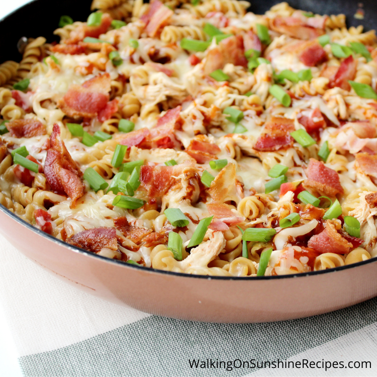 Chicken with pasta, bacon and cheese in one skillet. 