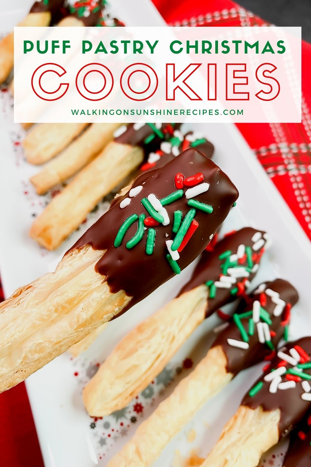 Puff Pastry strips baked and dipped in melted chocolate. 