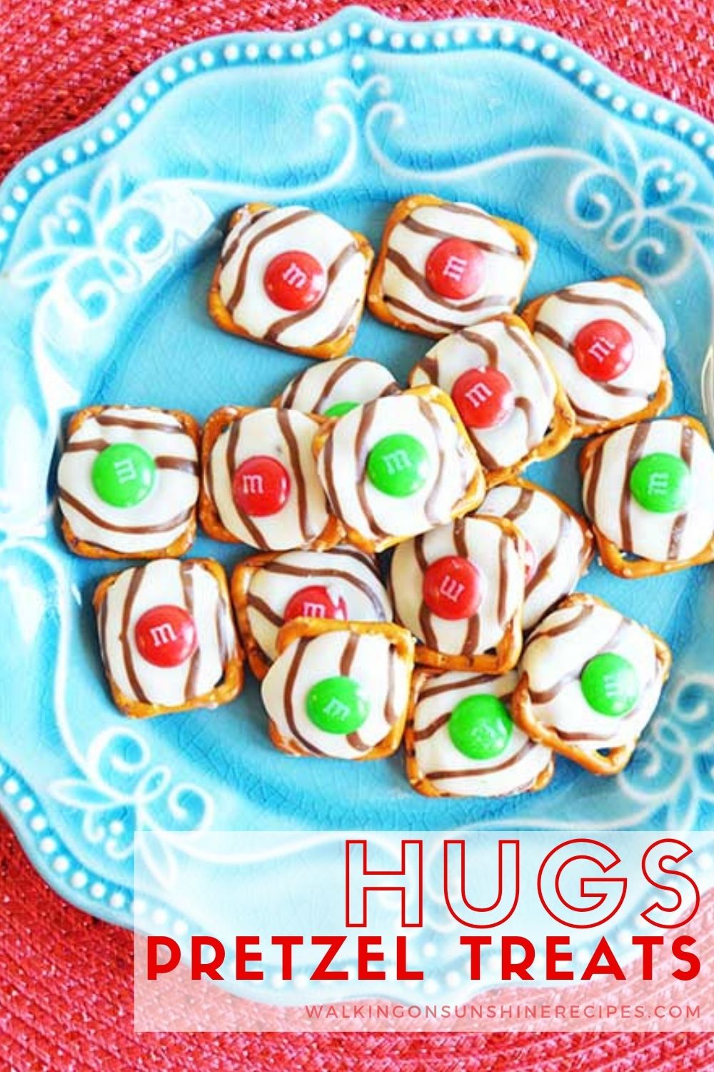 Hugs Pretzels Treats on blue plate.