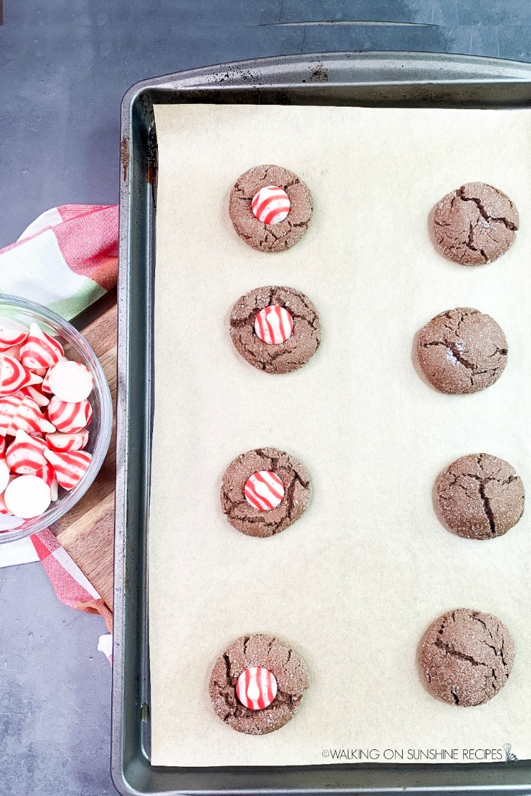 Add Peppermint Candy Kisses to Baked Chocolate Sugar Cookies