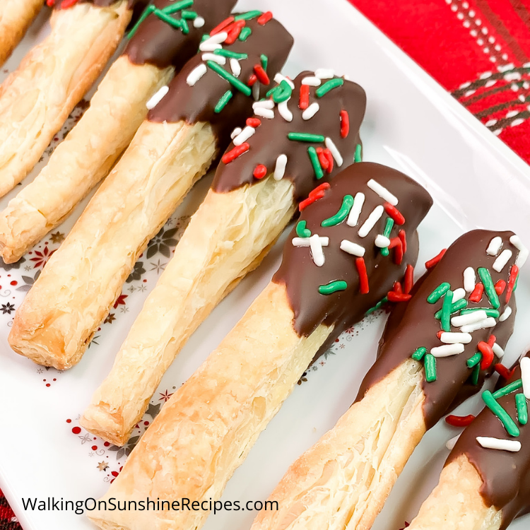 puff pastry cut into strips, baked and dipped in melted chocolate. 
